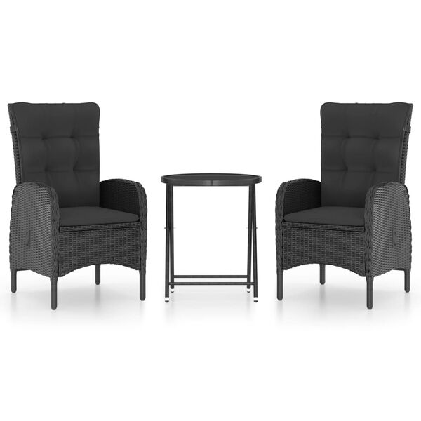 vidaXL Ensemble de bistro de jardin 3 pcs R&eacute;sine tress&eacute;e et verre Noir