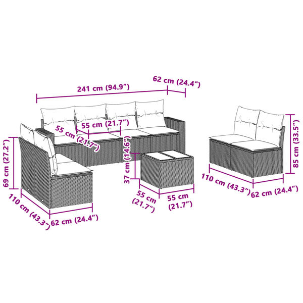 vidaXL Salon de jardin 9 pcs avec coussins gris clair résine tressée