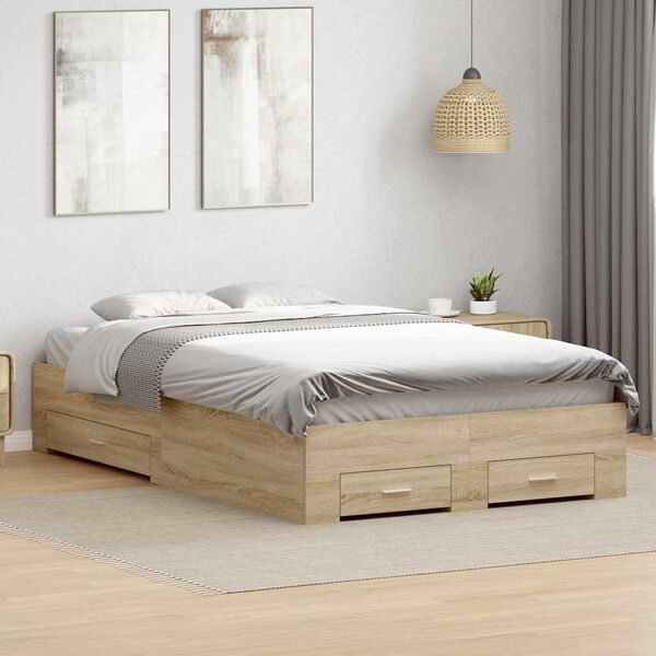 vidaXL Cadre de lit avec tiroir Marron 120 x 190 cm Bois d'ing&eacute;nierie