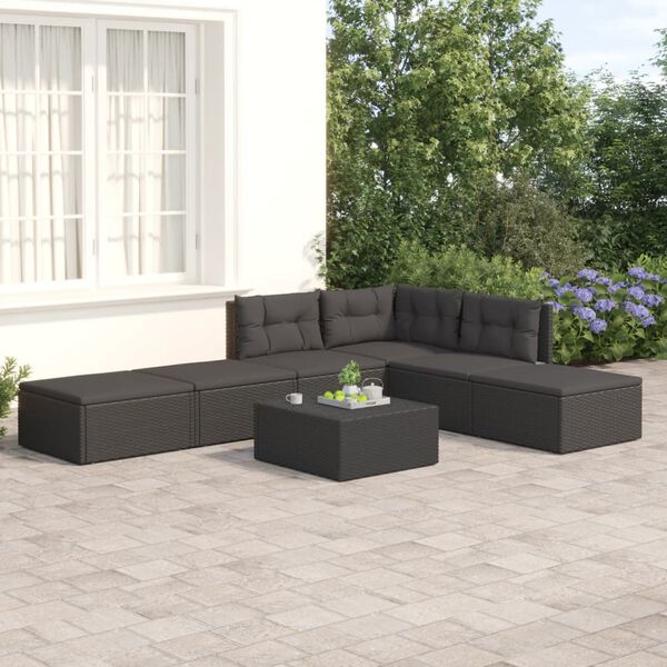 vidaXL Salon de jardin 6 pcs avec coussins Noir R&eacute;sine tress&eacute;e