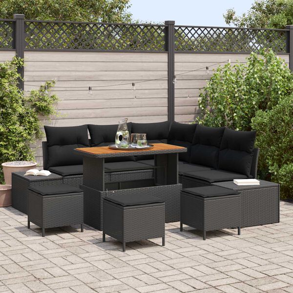 vidaXL Ensemble de canap&eacute; de jardin avec coussin 9 pcs Noir polyrotin
