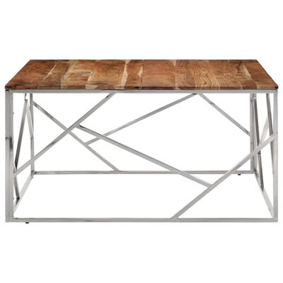 vidaXL Table basse argenté acier inoxydable et bois massif d'acacia