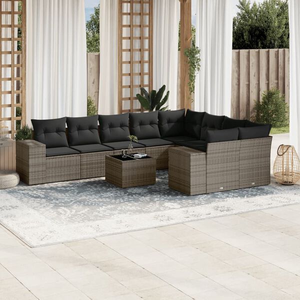vidaXL Salon de jardin avec coussins 10 pcs gris r&eacute;sine tress&eacute;e