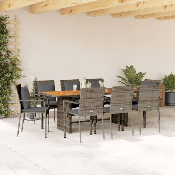 vidaXL Ensemble &agrave; manger de jardin 9 pcs coussins gris r&eacute;sine tress&eacute;e
