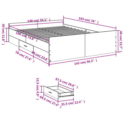 vidaXL Cadre de lit avec tiroirs sans matelas sonoma gris 140x190 cm