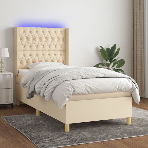 vidaXL Sommier &agrave; lattes de lit matelas et LED Cr&egrave;me 90x190 cm Tissu