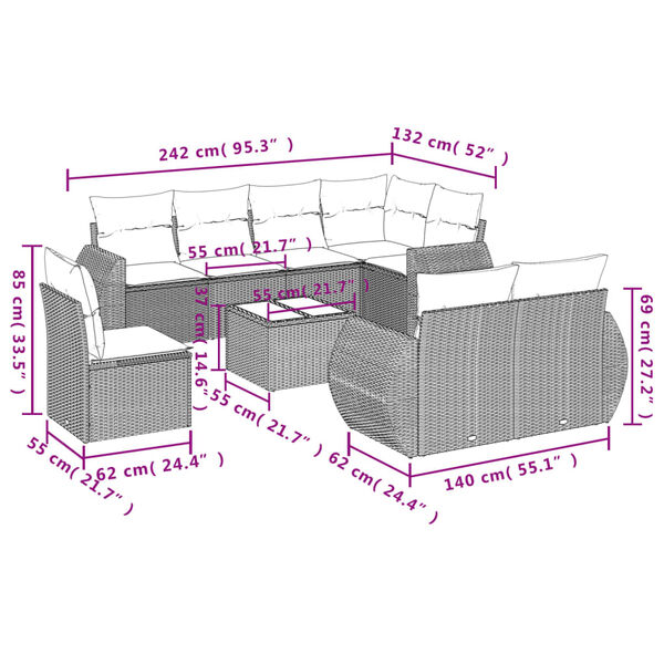 vidaXL Salon de jardin 9 pcs avec coussins noir r&eacute;sine tress&eacute;e