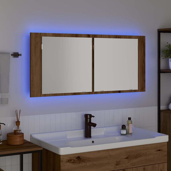vidaXL Cabinet Miroir LED avec porte ch&ecirc;ne artisanal 100 x 12 x 45 cm