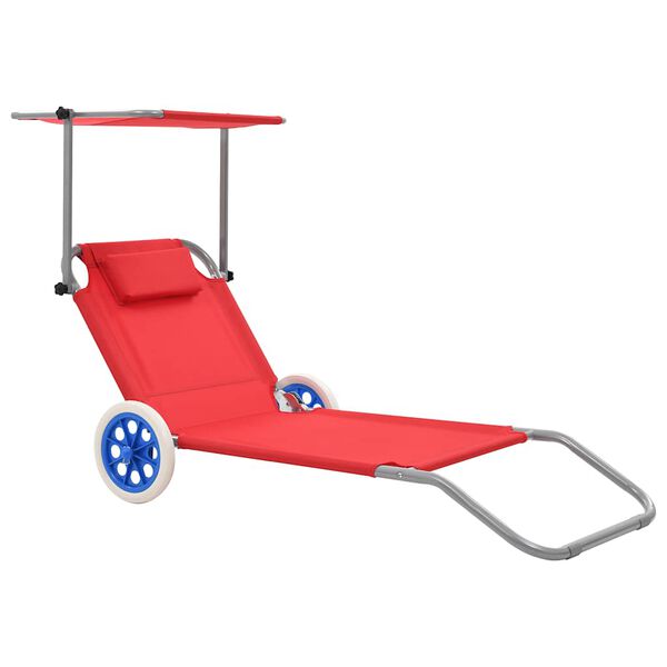 vidaXL Chaise longue pliable avec auvent et roues Acier Rouge