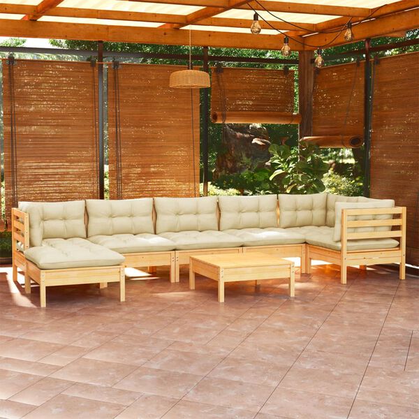 vidaXL Salon de jardin 8 pcs avec coussins cr&egrave;me Bois de pin massif