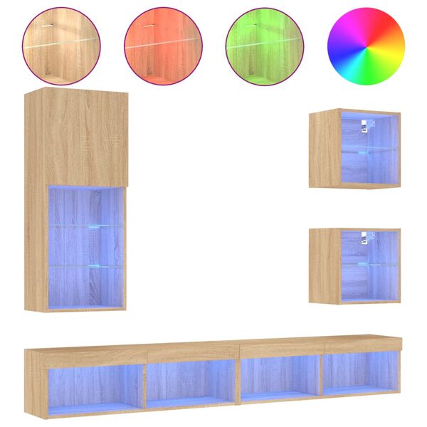 vidaXL Unit&eacute;s murales TV avec LED 5 pcs ch&ecirc;ne sonoma bois d'ing&eacute;nierie