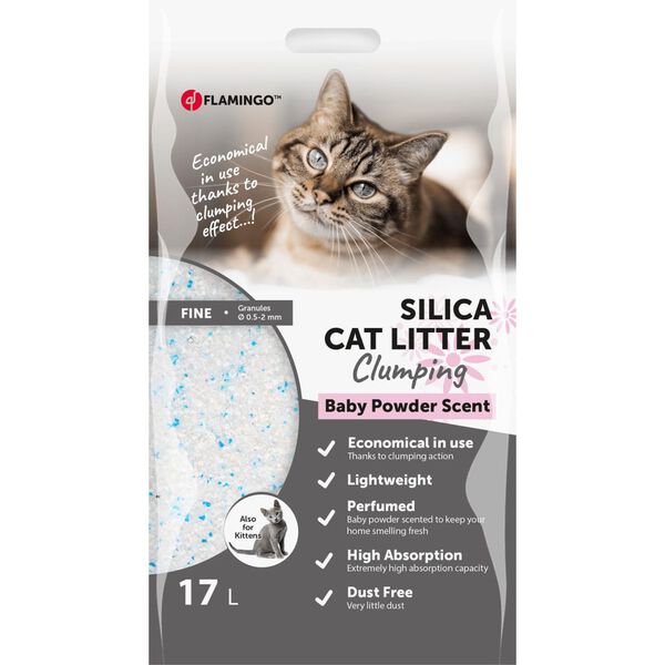 FLAMINGO Liti&egrave;re pour chats avec poudre pour b&eacute;b&eacute; en grains fins 17 L