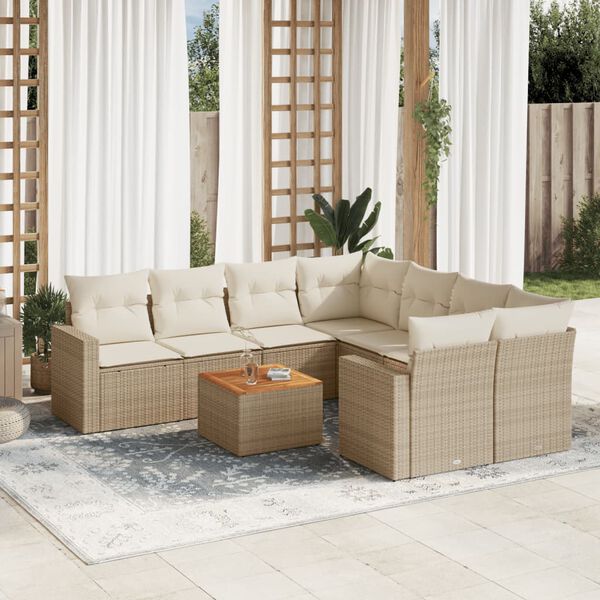 vidaXL Salon de jardin avec coussins 9 pcs beige r&eacute;sine tress&eacute;e
