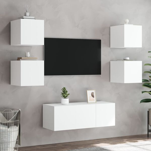 vidaXL Unit&eacute;s murales TV avec LED 6 pcs blanc bois d'ing&eacute;nierie