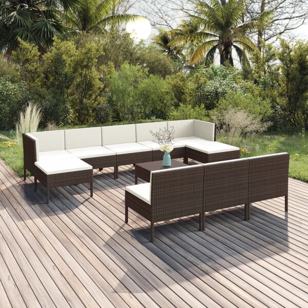 vidaXL Salon de jardin 11 pcs avec coussins Résine tressée Marron