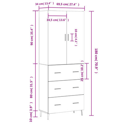 vidaXL Buffet haut Chêne sonoma 69,5x34x180 cm Bois d'ingénierie