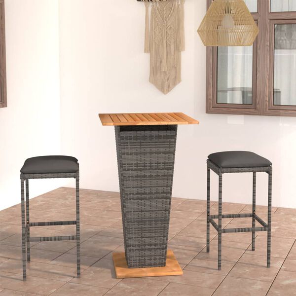 vidaXL Ensemble de bar de jardin 3 pcs et coussins R&eacute;sine tress&eacute;e Gris