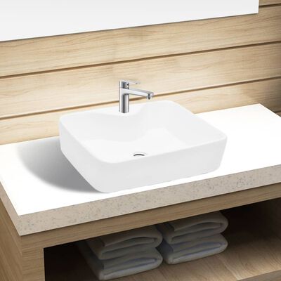 Vasque carré à trou pour robinet céramique blanc pour salle de bain