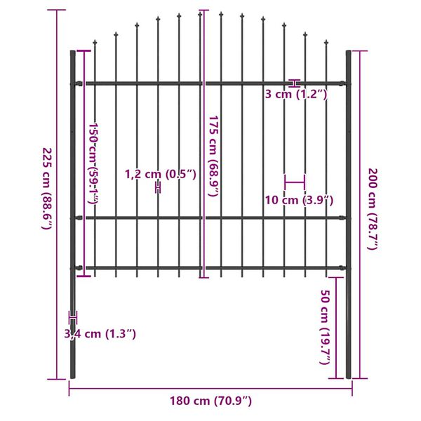 vidaXL Cl&ocirc;ture de jardin avec dessus en forme de lance en acier 170 x 175 cm Noir