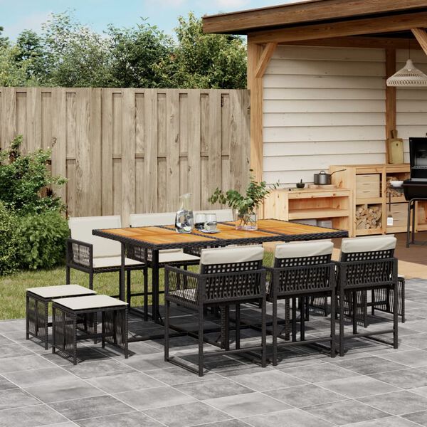 vidaXL Ensemble &agrave; manger de jardin 11 pcs coussins noir r&eacute;sine tress&eacute;e