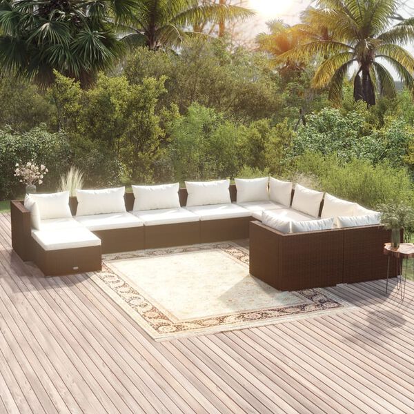 vidaXL Salon de jardin 10 pcs avec coussins R&eacute;sine tress&eacute;e Marron