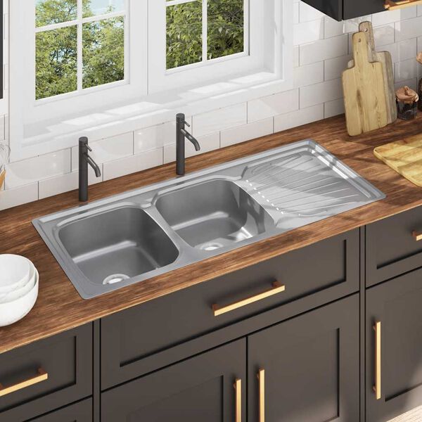 vidaXL &Eacute;vier double de cuisine avec cr&eacute;pine et pi&egrave;ge Acier inoxydable