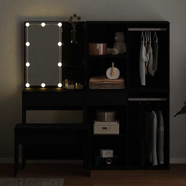 vidaXL Ensemble de table de maquillage avec LED 4 pcs Ch&ecirc;ne noir