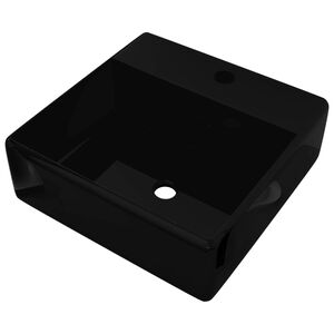 Robinet de lavabo salle de bain c&eacute;ramique/trou trop-plein carr&eacute; noir