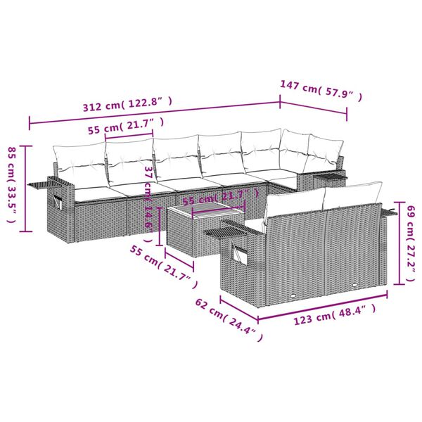 vidaXL Salon de jardin 9 pcs avec coussins noir r&eacute;sine tress&eacute;e