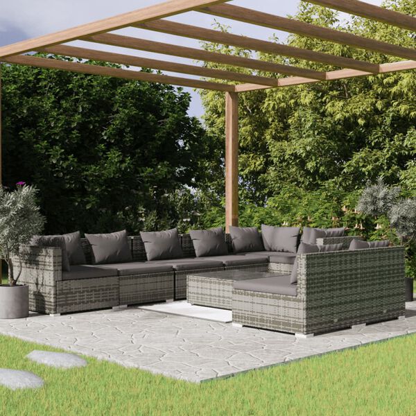 vidaXL Salon de jardin 9 pcs avec coussins Gris R&eacute;sine tress&eacute;e