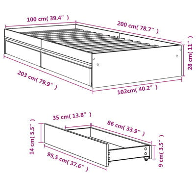 vidaXL Cadre de lit et tiroirs sonoma gris 100x200cm bois d'ingénierie