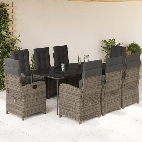 vidaXL Ensemble &agrave; manger de jardin 9 pcs coussins gris r&eacute;sine tress&eacute;e