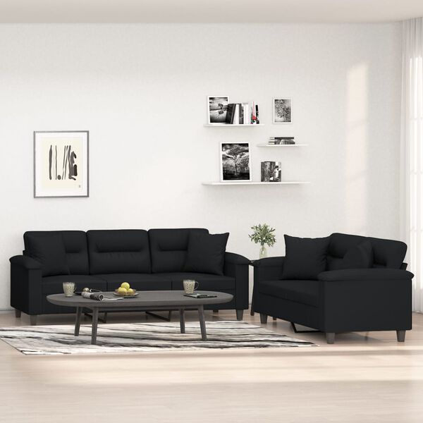 vidaXL Ensemble de canap&eacute;s 2 pcs avec coussins Noir Tissu microfibre