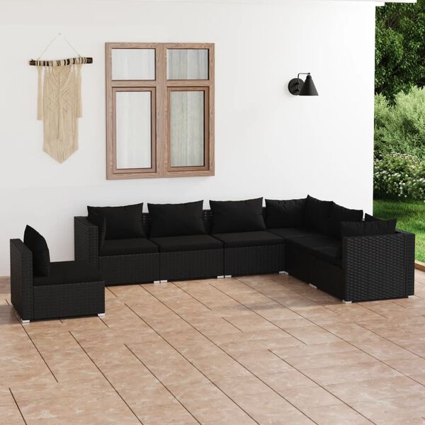 vidaXL Salon de jardin 7 pcs avec coussins R&eacute;sine tress&eacute;e Noir