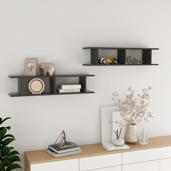 vidaXL &Eacute;tag&egrave;res murales 2 pcs gris 90x18x20 cm bois d'ing&eacute;nierie