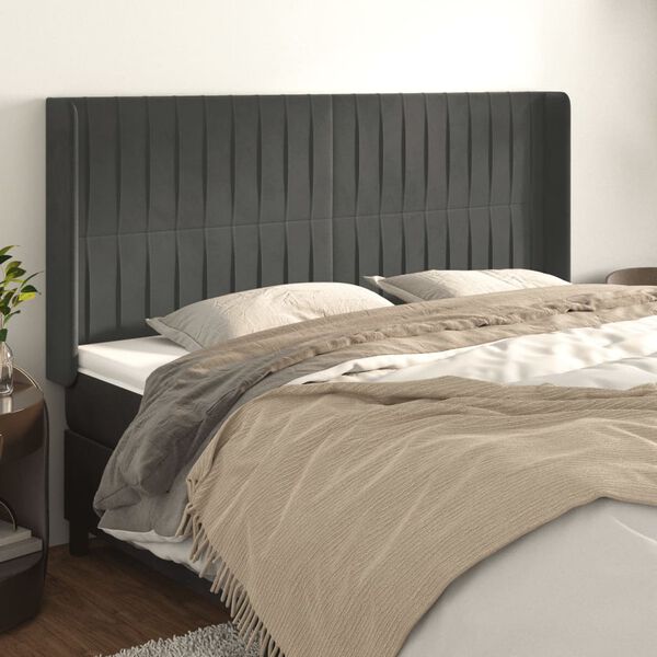 vidaXL T&ecirc;te de lit avec oreilles Gris fonc&eacute; 183x16x118/128 cm Velours