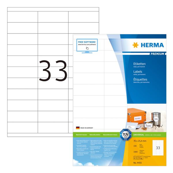 HERMA &Eacute;tiquettes permanentes PREMIUM A4 70x25,4 mm 100 Feuilles