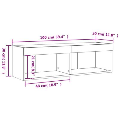 vidaXL Meuble TV avec lumières LED chêne fumé 100x30x30 cm