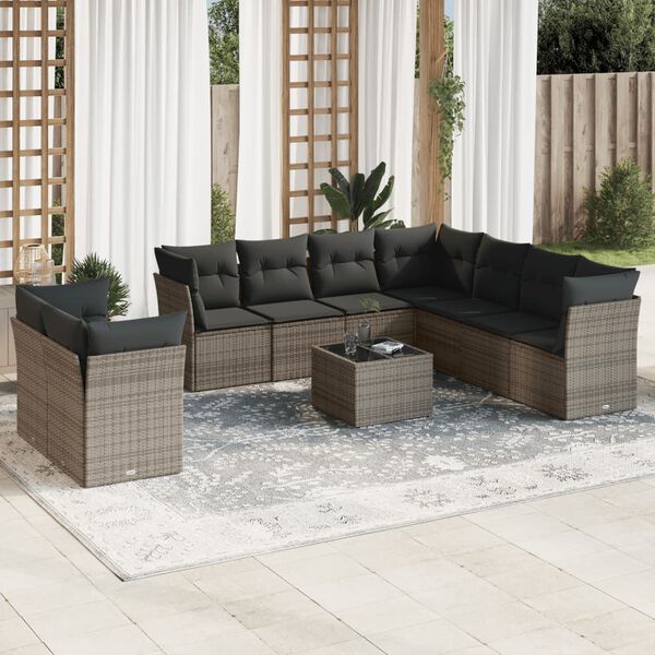 vidaXL Salon de jardin avec coussins 10 pcs gris résine tressée