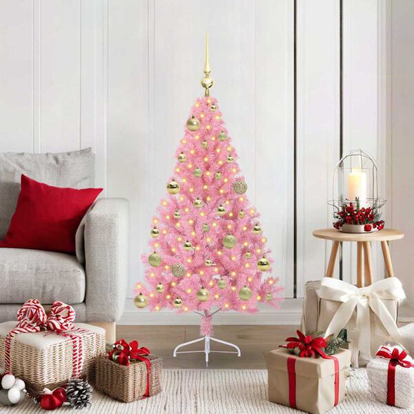 vidaXL Sapin de No&euml;l artificiel pr&eacute;-&eacute;clair&eacute; Rose 120 cm PVC