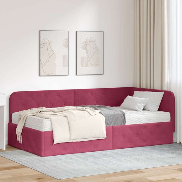 vidaXL Cadre de lit d'angle avec matelas Bordeaux 90 x 190 cm Velours