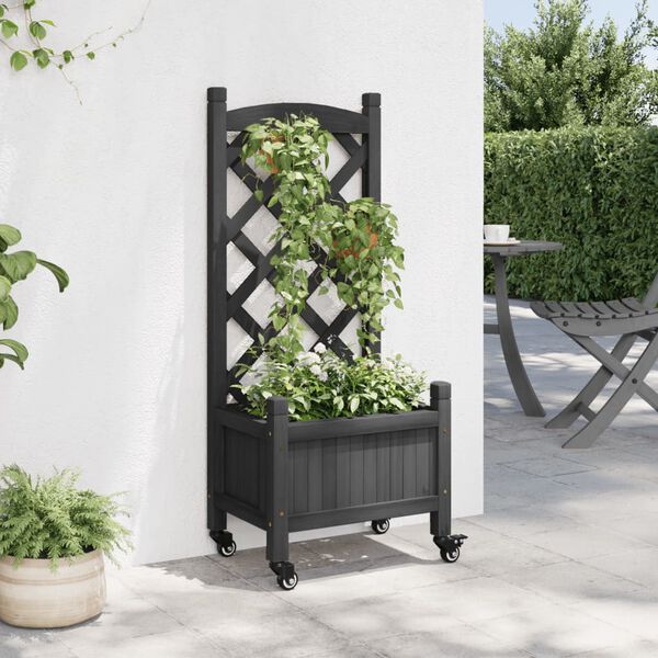 vidaXL Jardini&egrave;re avec treillis et roues gris bois massif de sapin