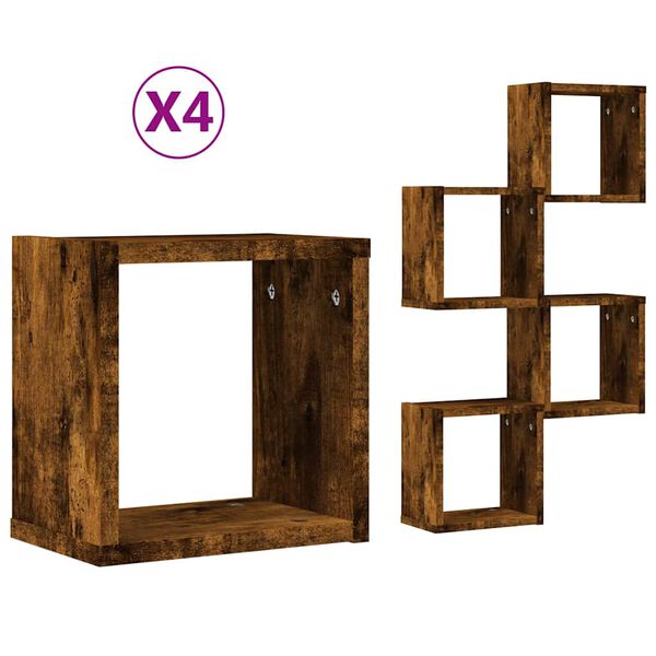 vidaXL &Eacute;tag&egrave;res Murales avec &eacute;tag&egrave;re 4 pcs Ch&ecirc;ne fum&eacute; 26 x 15 x 26 cm