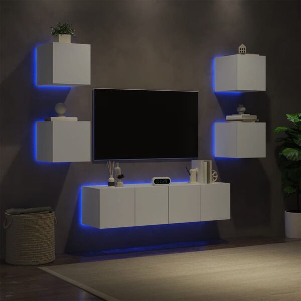 vidaXL Unit&eacute;s murales TV avec LED 6 pcs blanc bois d'ing&eacute;nierie