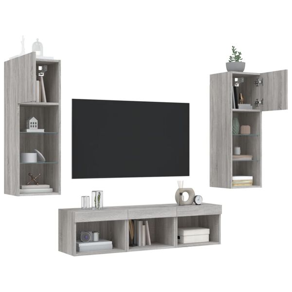 vidaXL Unit&eacute;s murales TV avec LED 5 pcs gris sonoma bois d'ing&eacute;nierie