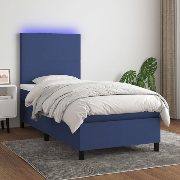 vidaXL Sommier &agrave; lattes de lit avec matelas et LED Bleu 90x190cm Tissu
