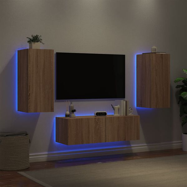 vidaXL Meuble TV muraux 3 pcs avec lumi&egrave;res LED ch&ecirc;ne sonoma