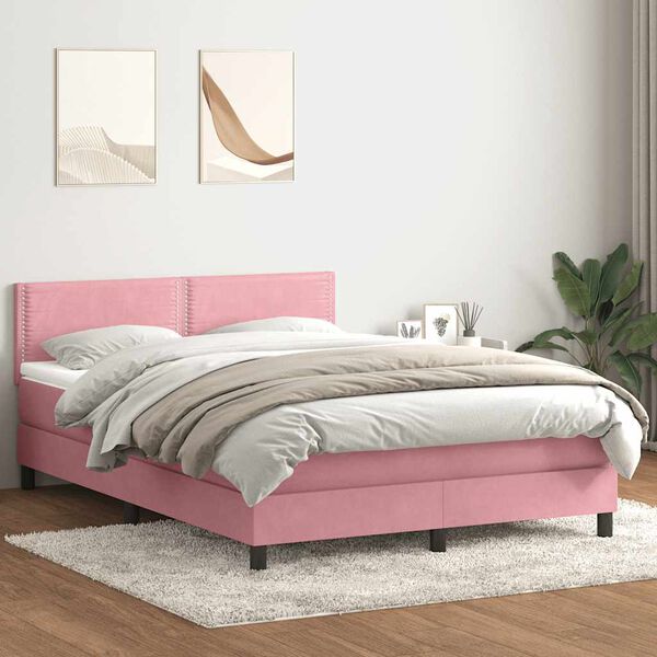 vidaXL Sommier &agrave; lattes de lit avec matelas et LED rose 140x210 cm velours