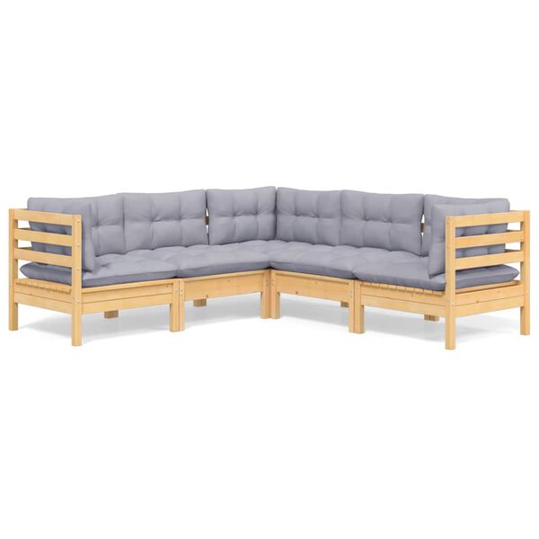 vidaXL Salon de jardin 5 pcs avec coussins gris bois de pin massif