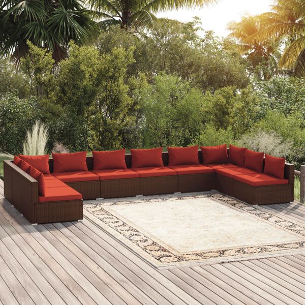 vidaXL Salon de jardin 10 pcs avec coussins R&eacute;sine tress&eacute;e Marron
